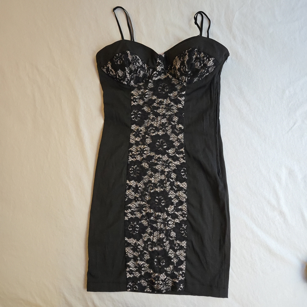 Shirly Osadon LBD Black Lace Panel Bustier Spaghetti Strap 90s Mini Dress NAT1